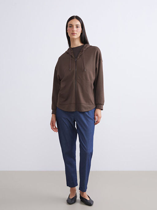 Kap??onlu Oversize Kad?n Fermuarl? Sweatshirt