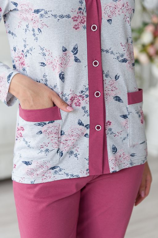 Пижама женская из жакета и брюк из кулирки Эльза цветы, брусничный - Амадэль фото 6