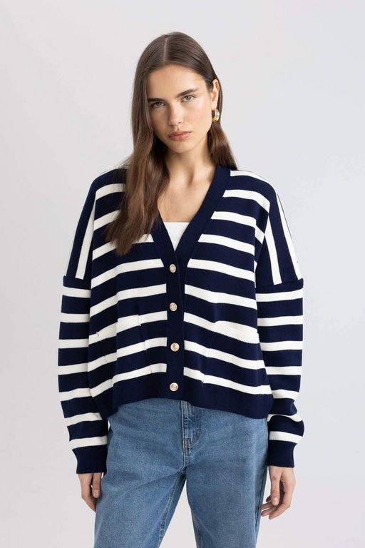 Oversize Genis Kal?p Genis Kal?p Cizgili V Yaka Triko H?rka - Defacto фото 2