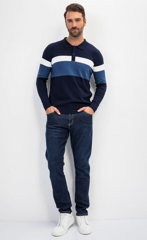 Джемпер мужской с отложным воротником и планкой на пуговицах F221-15-22021A тёмно-синий - Fine joyce фото 2