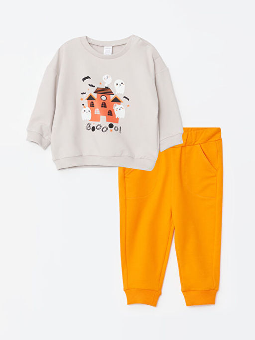 Bisiklet Yaka Uzun Kollu Bask?l? Erkek Bebek Sweatshirt ve Pantolon 2li Tak?m