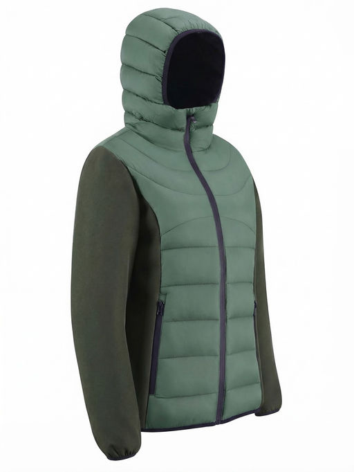Куртка женская гибридная стёганая с капюшоном с графеновой подкладкой цвета хаки 9630_1Kh