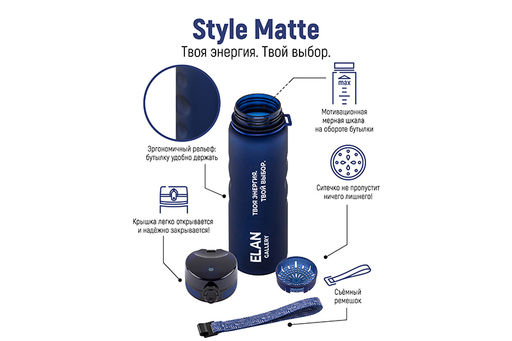 Бутылка для воды 1000 мл 7,8*7,8*28,5 см Style Matte с углубл д/пальцев, темно-синяя, мотивацион. - Elan gallery фото 5