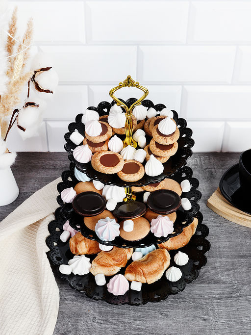 Ваза для фруктов 3-х ярусная 18/22/27 Круг черная / D-1260 /уп 80/ Пластик - Галеонтрейд фото 3