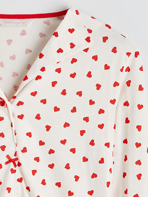 G?mlek Yaka Kalp Bask?l? Hamile Pijama ?st?