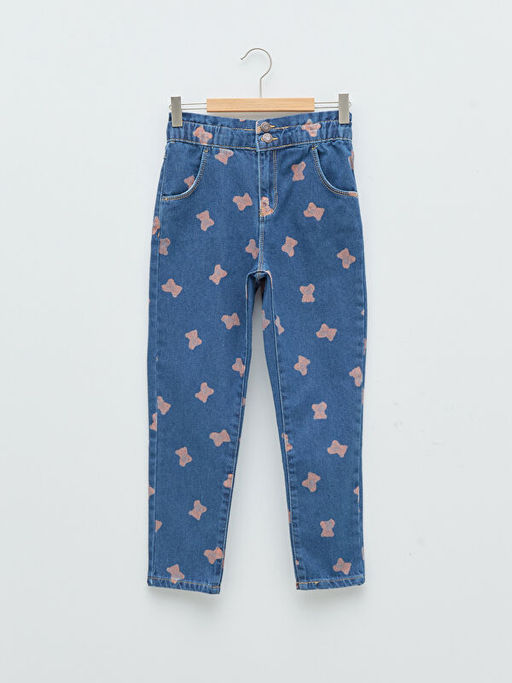 Beli Lastikli Bask?l? K?z ?ocuk Jean Pantolon
