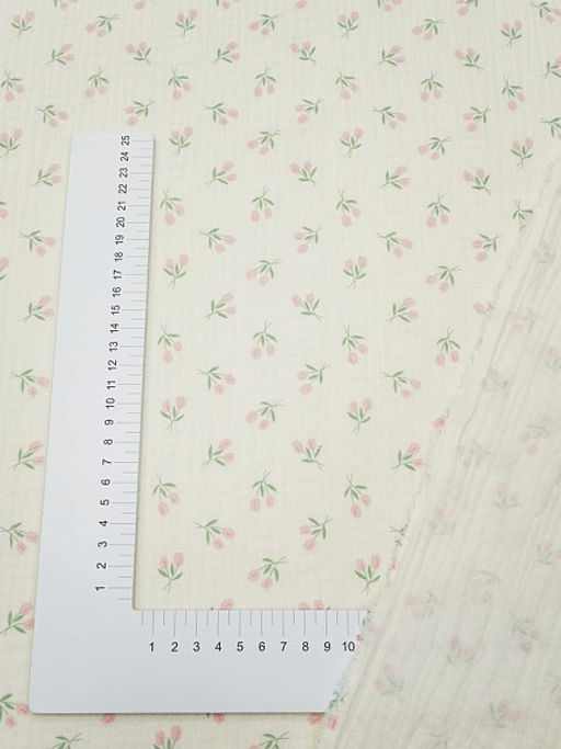 Муслин двухслойный с эф.жатости Розовые тюльпанчики цв.сливочный, ш.1.4м, хл-100%, 125гр/м.кв - Купава фото 2