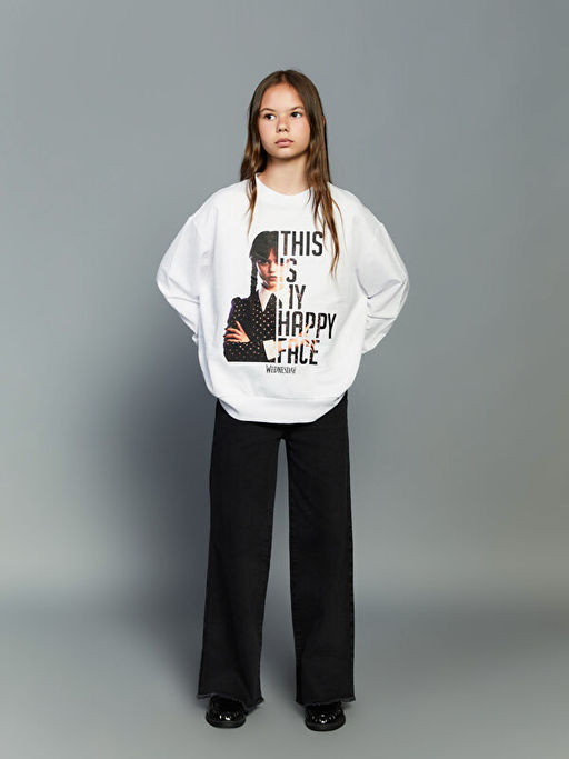 Bisiklet Yaka Wednesday Bask?l? K?z ?ocuk Sweatshirt