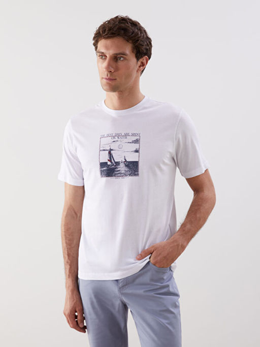 Bisiklet Yaka Bask?l? Penye Erkek Ti??rt