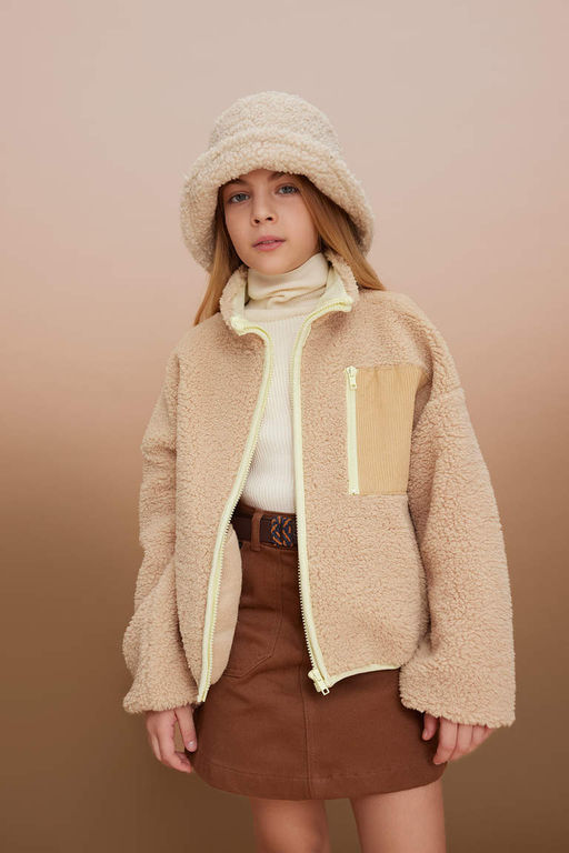 Плюшевый кардиган-бомбер с воротником-студентом для девочек - Defacto фото 3