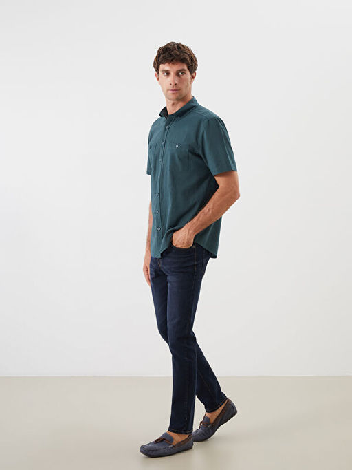 Regular Fit K?sa Kollu Keten G?r?n?ml? Erkek G?mlek