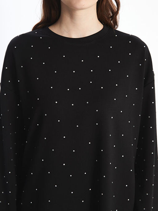 Bisiklet Yaka Parlak Ta?l? Oversize Kad?n Sweatshirt