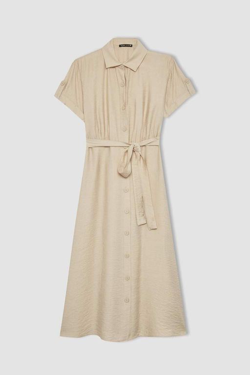 Льняное платье-миди с рубашечным воротником и поясом с короткими рукавами - Defacto фото 8