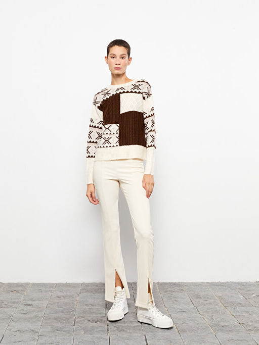 Bisiklet Yaka Desenli Uzun Kollu Kad?n Triko Kazak