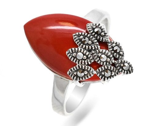 Кольцо из серебра коралл, марказит, SL-AGA40