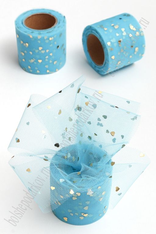 Фатин Сердечки 5,5 см*15 ярд (SF-5808) голубой/золото №27