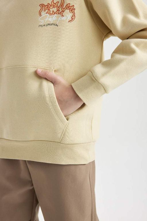 Бежевый плотный свитшот обычного кроя с капюшоном и принтом на спине для мальчиков - Defacto фото 6