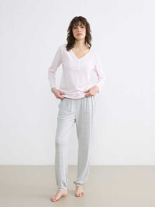 Beli Lastikli ?izgili Kad?n Jogger Pijama Alt?