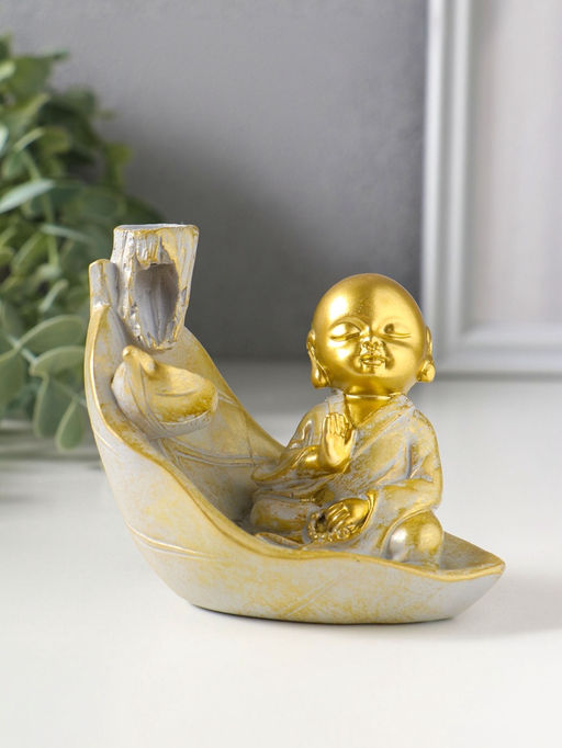 Подставка для благовоний "Маленький хотей на листе" стелющийся дым беж с патиной 10х7,5х9 см   10964