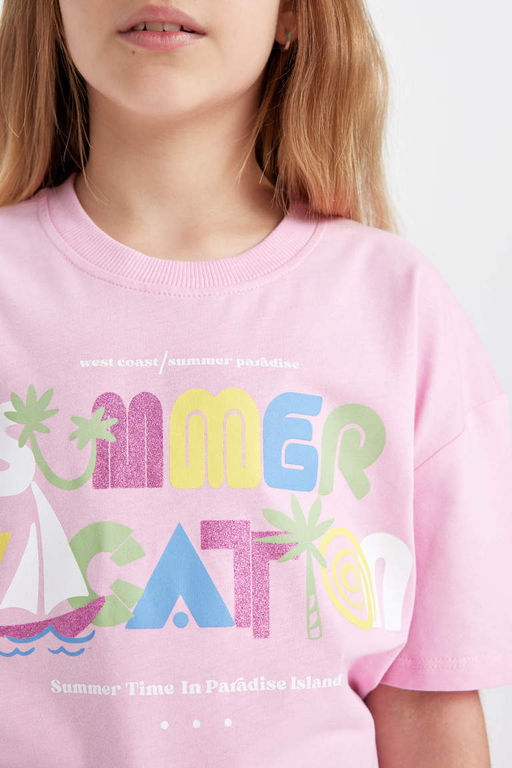 Футболка с короткими рукавами и принтом для девочек Relax Fit - Defacto фото 5