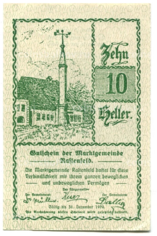 10 геллеров 1920 года Австрия Растенфельд (нотгельд)