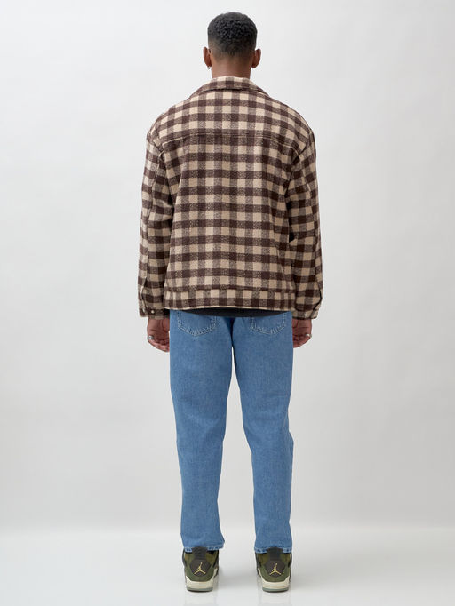 Куртка рубашка шерстяная в клетку мужская демисезонная коричневого цвета 58566K