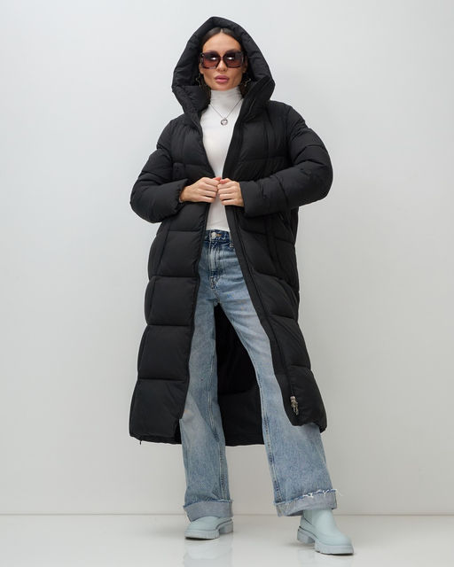 Пальто зимнее утепленное с капюшоном женское черного цвета 7729Ch - Visdeer фото 5