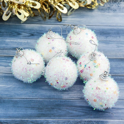 Цена за 2 шт. Ёлочные игрушки Пушистый блеск, шары новогодние, d=5 см, набор 6 шт., белый
