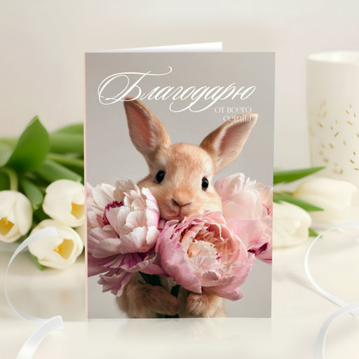 Открытка 4 шоколадки "Благодарю всего сердца (кролик с цветами)"