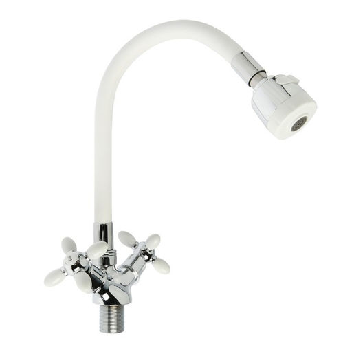 Смеситель для кухни ZEIN ZC2032, гибкий силиконовый излив,кран-букса латунь 1/2", белый/хром