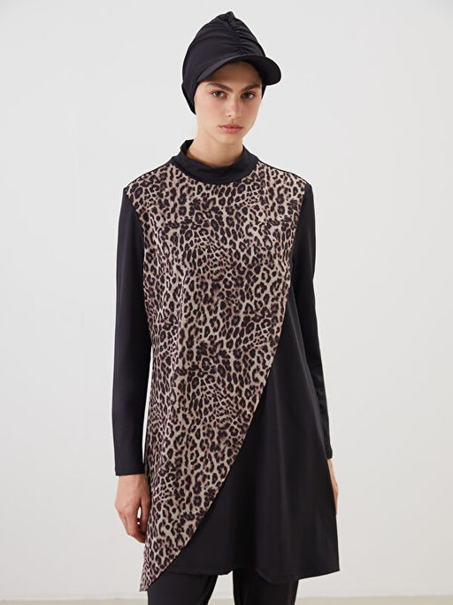 Dik Yaka Leopar Desenli Kad?n Tesett?r Mayo Tak?m?