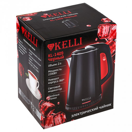 Чайник электрический Kelli 2л, внешний корпус пластиковый, внутренний корпус из нержавеющей стали, автоматическое отключение, поворачивающийся корпус на 360гр, закрытый нагревательный элемент, защита от перегрева, световой индикатор включения, черн - Домашняя Мода фото 2