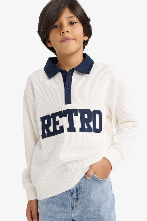 Oversize Geni_ Kal_p Polo Yaka Bask_l_ Selanik Kuma_ Sweatshirt Erkek _ocuk - Defacto фото 3