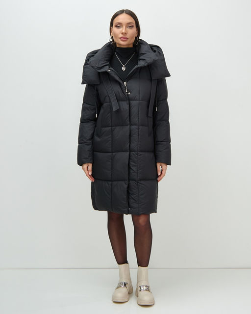 Пальто зимнее утепленное с капюшоном женское черного цвета 7700Ch