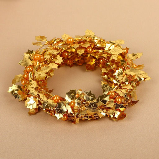 Листья на металлической проволоке, с бусинами, 21×18 мм, 5 м, цвет золотой