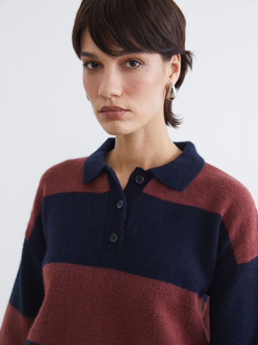 Polo Yaka ?izgili Kad?n Triko Kazak