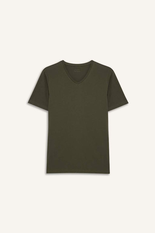 Slim Fit Dar Kesim V Yaka Basic Duz K?sa Kollu Tisort - Defacto фото 2