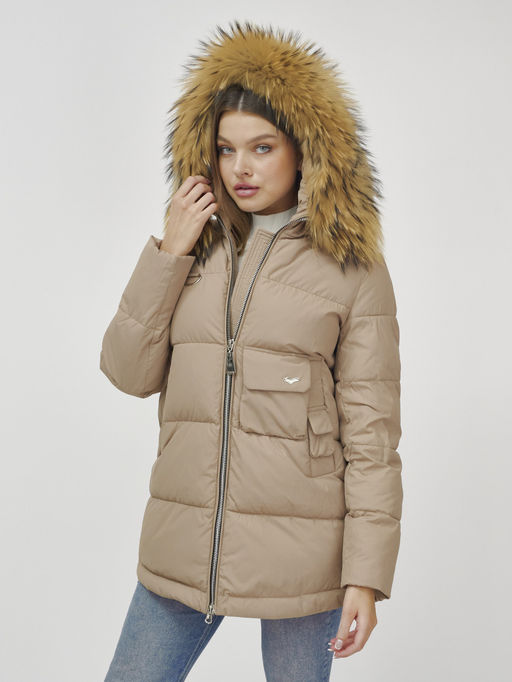 Куртка Бренд Visdeer ПРЕМИУМ КЛАССА зимняя с мехом ЕНОТА, бежевого цвета