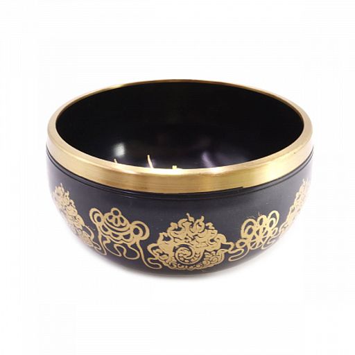 Чаша поющая с золотыми символами Лев 5 металлов от 600гр до 800гр h-7см d-12см черные и коричневые