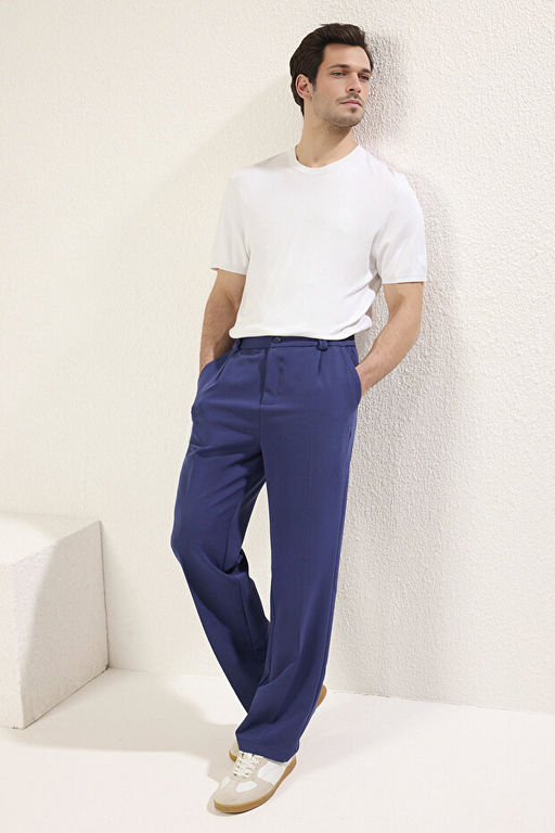 Lacivert Wideleg Baggy Rahat Kal_p Dokuma Kuma_ Pantolon TMNSS25PL00007