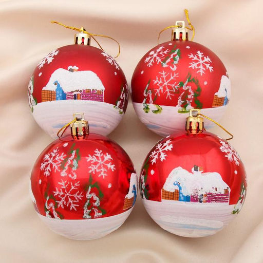 Ёлочные игрушки Избушка, шары новогодние, d=7 см, набор 4 шт., красный