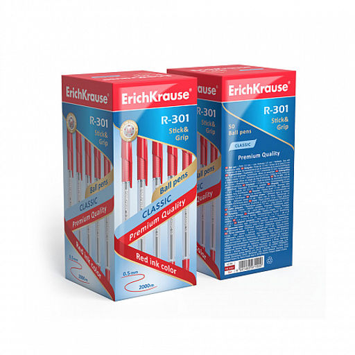 Цена за 50 шт. Ручка шариковая ErichKrause R-301 Stick&Grip Classic 1.0, цвет чернил красный (в коробке по 50 шт.)