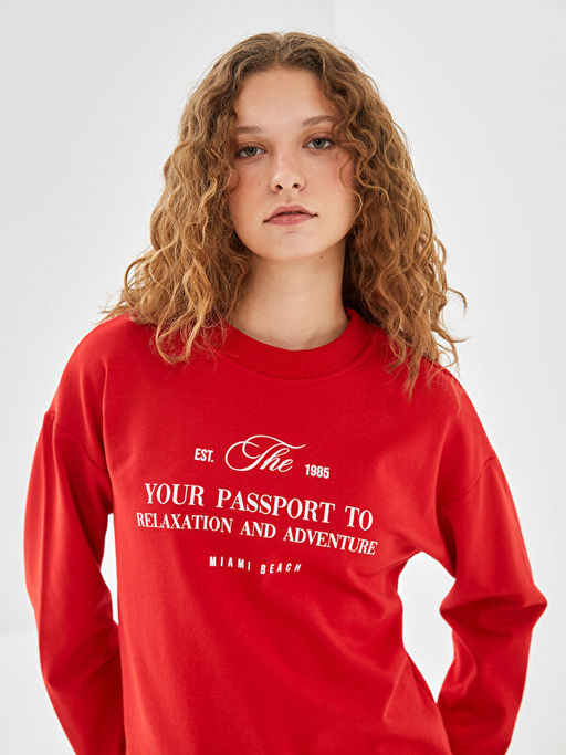 Bisiklet Yaka Bask?l? Kad?n Sweatshirt
