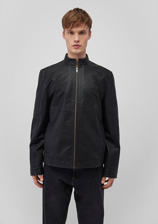 Dik Yaka Siyah Suni Deri Ceket - Mavi фото 3