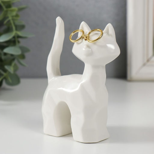 Фигурка керамика «Белый котик в очках, хвост трубой», грани, 8×3.5×10.3 см