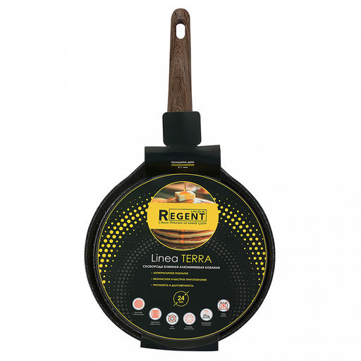 Сковорода блинная с антипригарным покрытием "Terra" д24см, h4,3см, s2,6мм, дно s3,1мм, кованный алюминий, бакелитовая ручка с покрытием "soft-touch", имитирующим текстуру дерева, "Regent" (Китай) Подходит для всех видов плит, включая индукционную.
