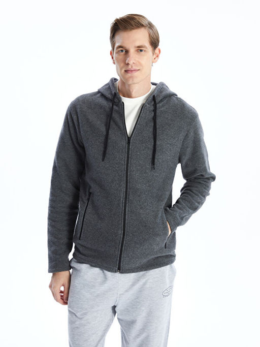 Kap??onlu Uzun Kollu Polar Erkek Fermuarl? Sweatshirt