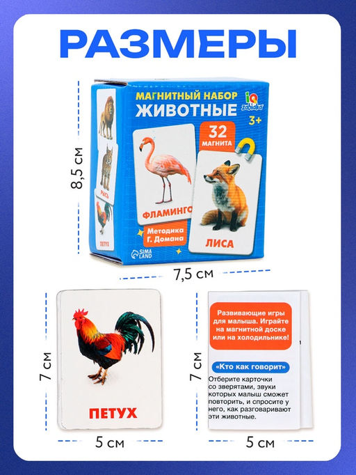 Магнитные карточки по методике Домана «Животные», 32 карты, 3+