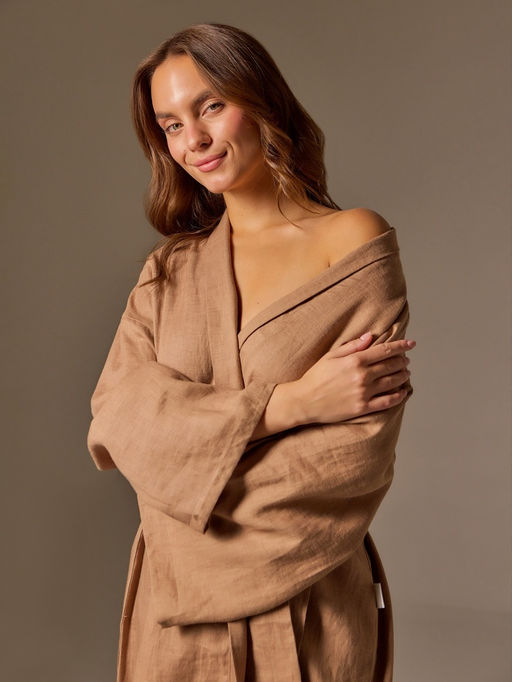 Халат домашний женский SL Linen Home, размер XL, кофейный