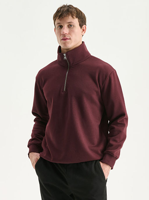 Fermuarl? Dik Yaka Erkek Kal?n Sweatshirt